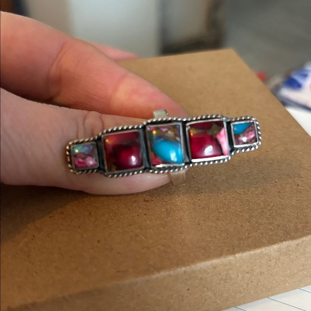 Stirling Silver Rainbow Spiny Oyster & Turquoise Adjustable Ring